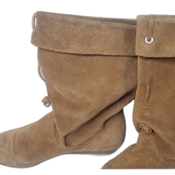 1980s Vintage Brown Suede Folded Slide On Slouch Wide Leg Almond Toe Boots 7M - Picture 3 of 9